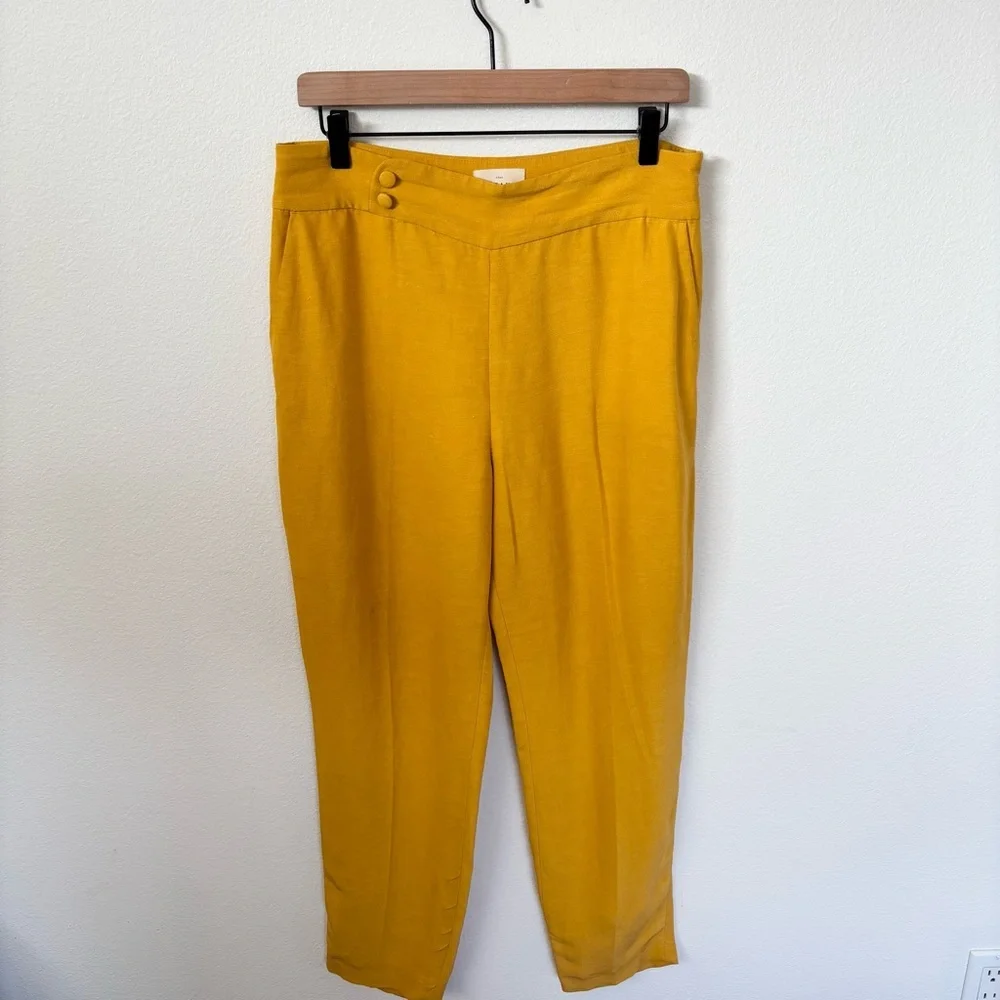Sezane Georges Dress Pants Tailored Pleated Linen Mustard Yellow Size 8 Fr 40